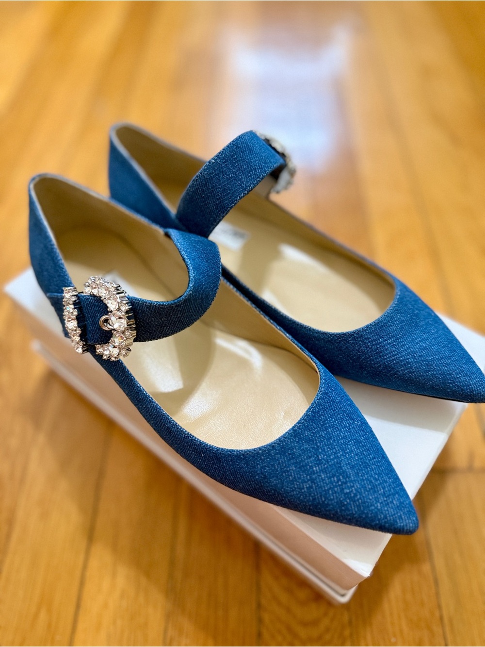 Jimmy Choo Denim Blue Pointed Mary Jane Flats with Crystal Buckle